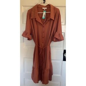 Gilli Calla Shirt Dress 2X Dark Pink Striped Ruffle Sleeve Button Front New
